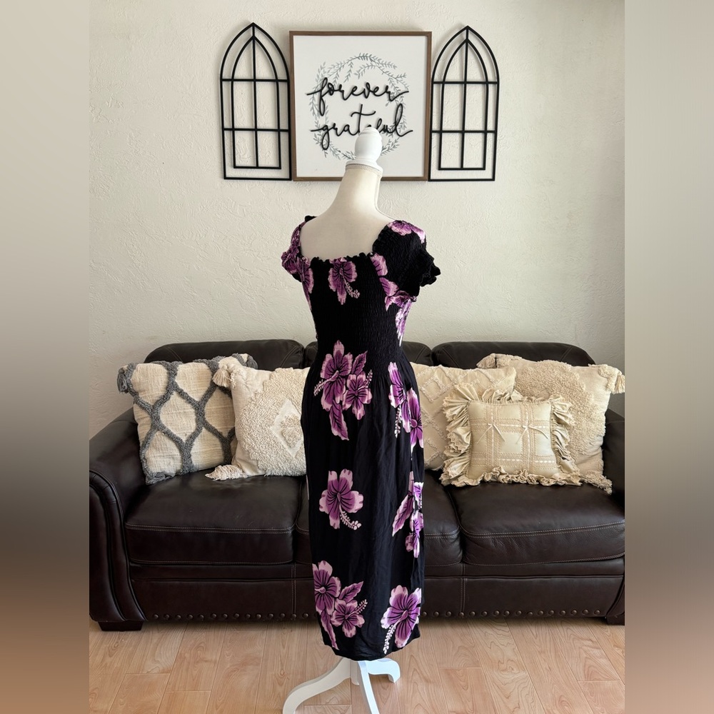 Hawaii Aloha Floral Print Midi Dress Ruched Bodice Beach Summer One Size Retro - Picture 6 of 10